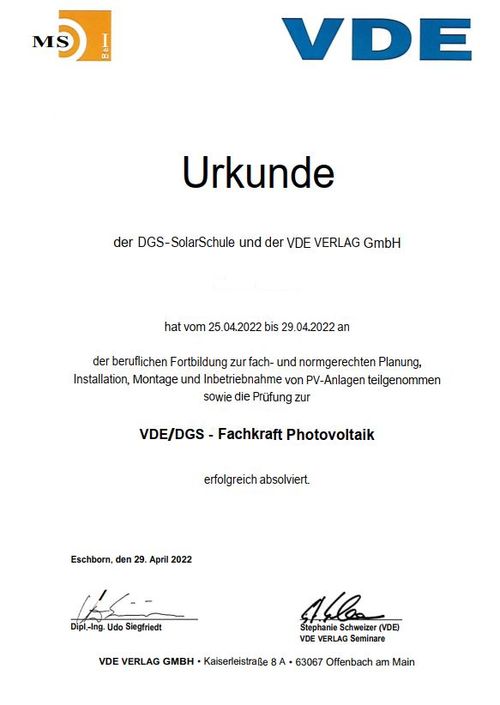 Zertifikat Niclas Photovoltaik